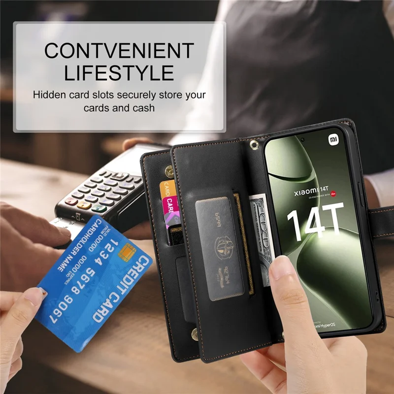 DF-011 For Xiaomi 14T Case Zipper Pocket Wallet Leather Phone Cover with Straps - Black