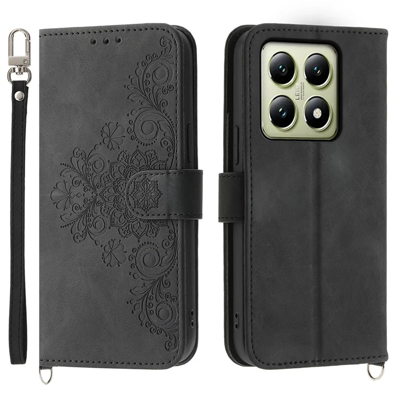 Für Xiaomi 14T Case Blumenmuster PU-Leder-Wallet-Handyhülle mit Schlaufe - Schwarz
