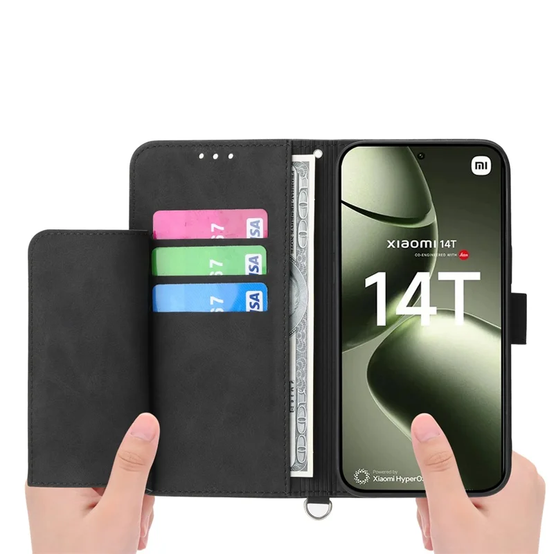 Für Xiaomi 14T Case Blumenmuster PU-Leder-Wallet-Handyhülle mit Schlaufe - Schwarz
