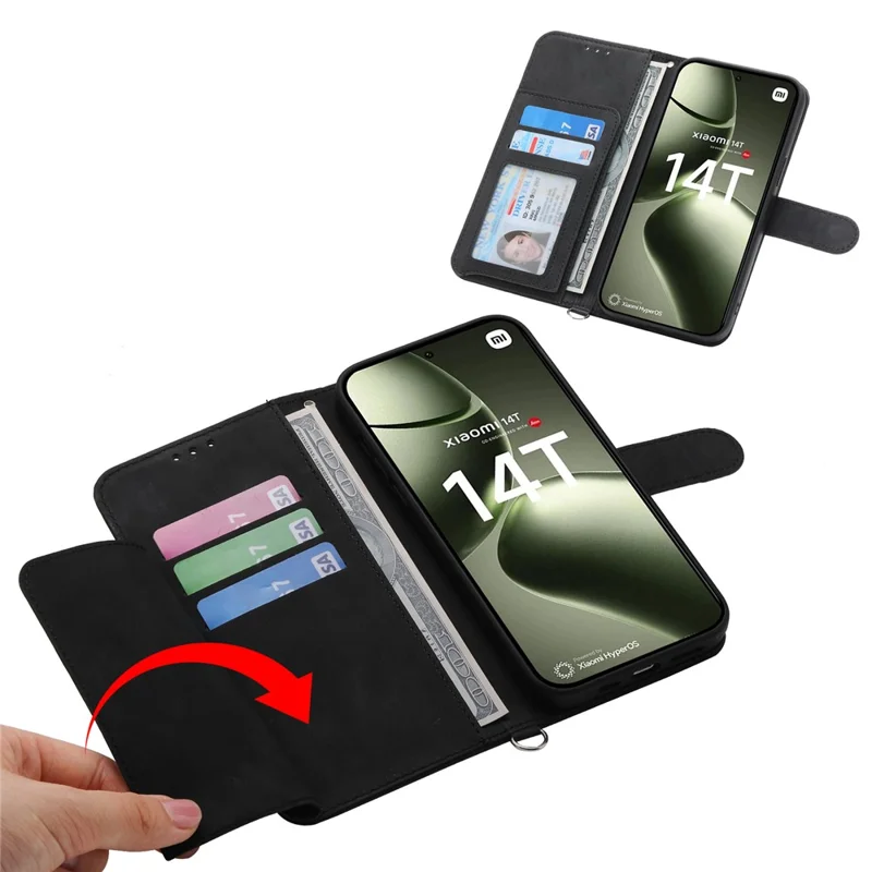 Für Xiaomi 14T Case Blumenmuster PU-Leder-Wallet-Handyhülle mit Schlaufe - Schwarz