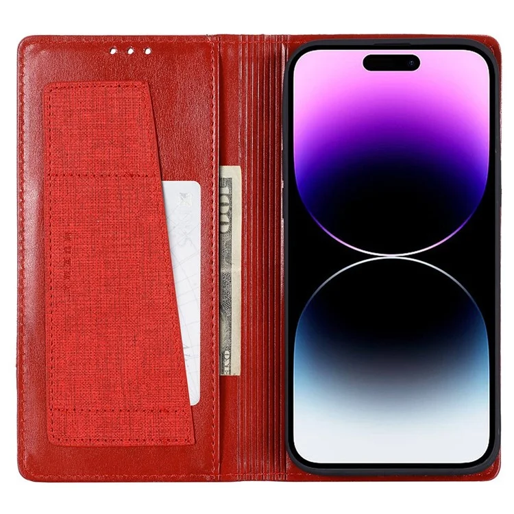 MUXMA MX109 PU Leather Phone Cover for iPhone 14 Pro, RFID Blocking Magnetic Auto-absorbed Case with Wallet Stand - Red