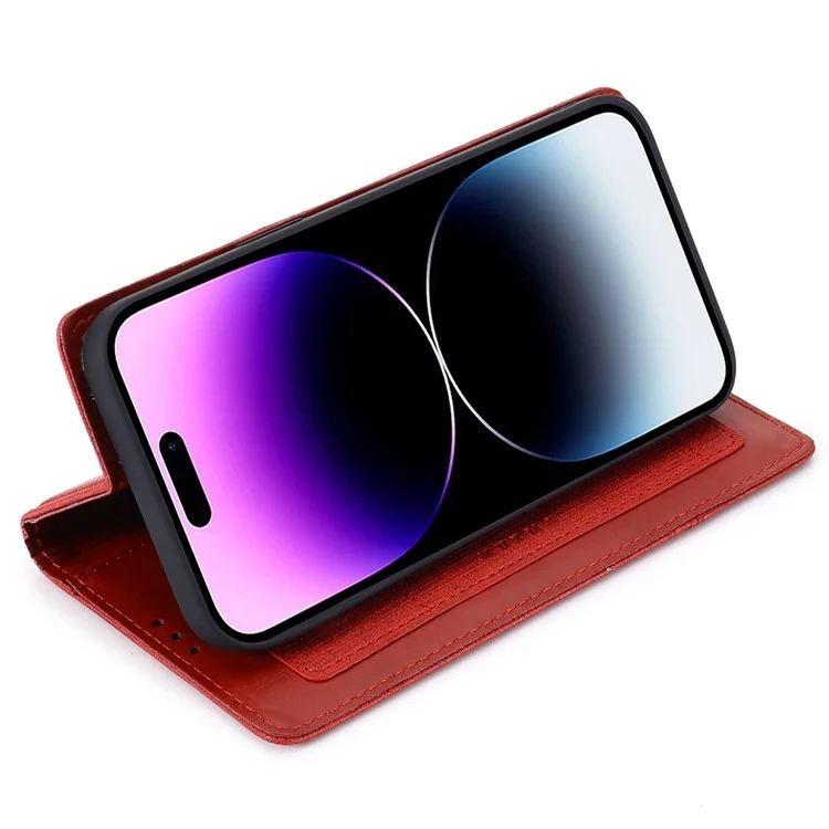 MUXMA MX109 PU Leather Phone Cover for iPhone 14 Pro, RFID Blocking Magnetic Auto-absorbed Case with Wallet Stand - Red