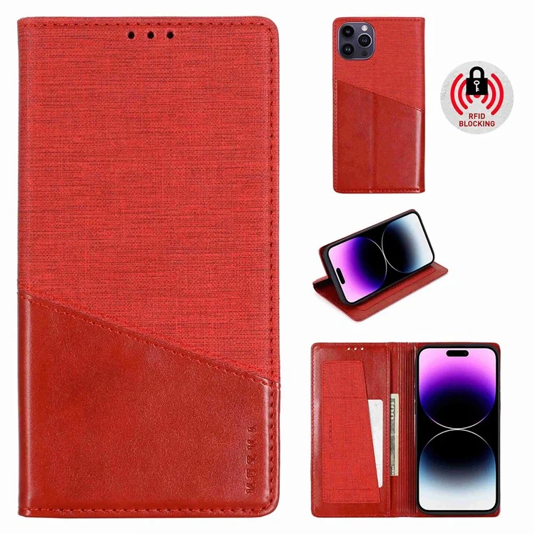 MUXMA MX109 PU Leather Phone Cover for iPhone 14 Pro, RFID Blocking Magnetic Auto-absorbed Case with Wallet Stand - Red