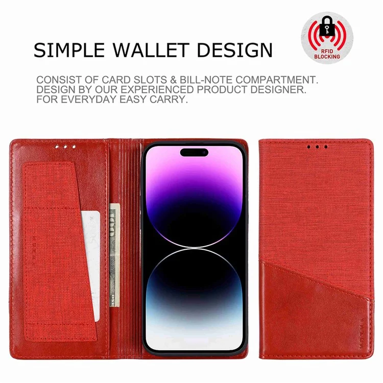 MUXMA MX109 PU Leather Phone Cover for iPhone 14 Pro, RFID Blocking Magnetic Auto-absorbed Case with Wallet Stand - Red