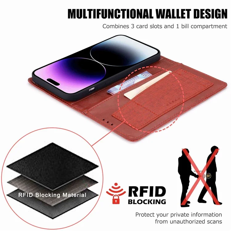 MUXMA MX109 PU Leather Phone Cover for iPhone 14 Pro, RFID Blocking Magnetic Auto-absorbed Case with Wallet Stand - Red
