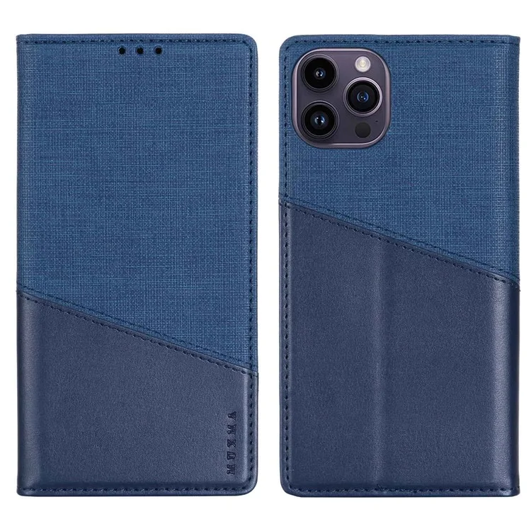 MUXMA MX109 PU Leather Phone Cover for iPhone 14 Pro, RFID Blocking Magnetic Auto-absorbed Case with Wallet Stand - Blue