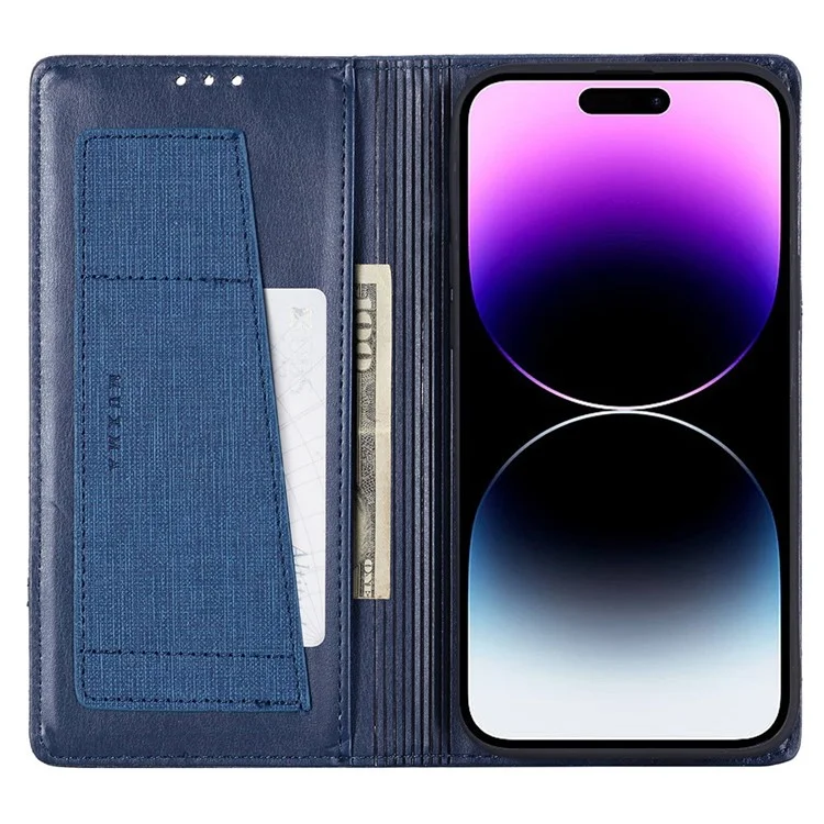 MUXMA MX109 PU Leather Phone Cover for iPhone 14 Pro, RFID Blocking Magnetic Auto-absorbed Case with Wallet Stand - Blue