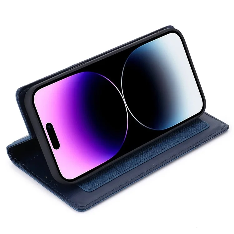 MUXMA MX109 PU Leather Phone Cover for iPhone 14 Pro, RFID Blocking Magnetic Auto-absorbed Case with Wallet Stand - Blue