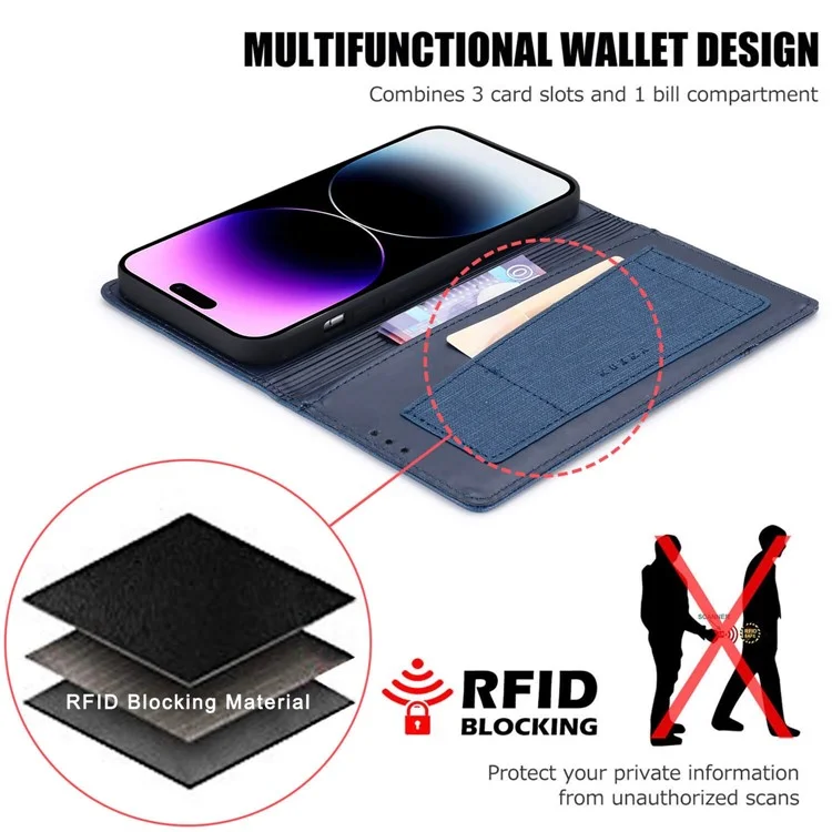 MUXMA MX109 PU Leather Phone Cover for iPhone 14 Pro, RFID Blocking Magnetic Auto-absorbed Case with Wallet Stand - Blue