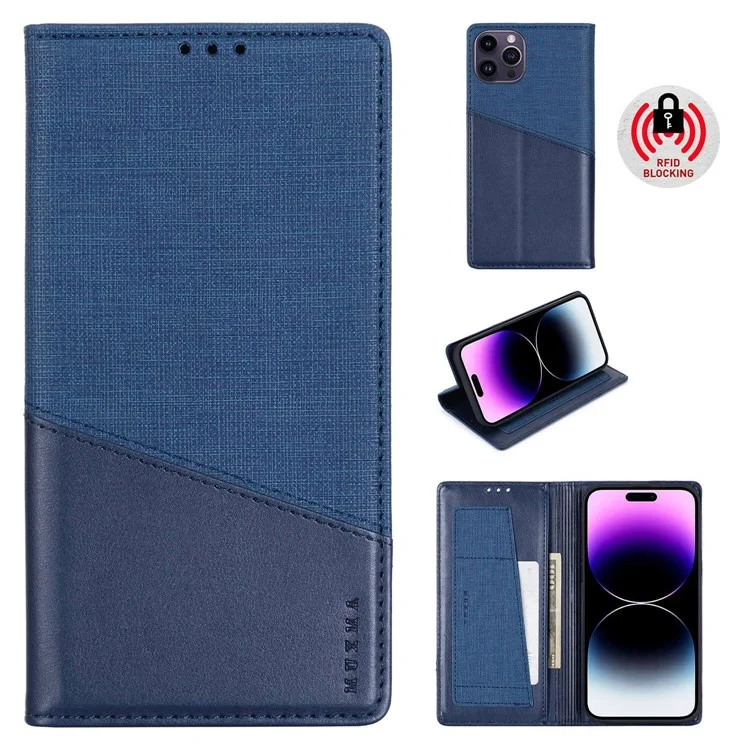 MUXMA MX109 PU Leather Phone Cover for iPhone 14 Pro, RFID Blocking Magnetic Auto-absorbed Case with Wallet Stand - Blue