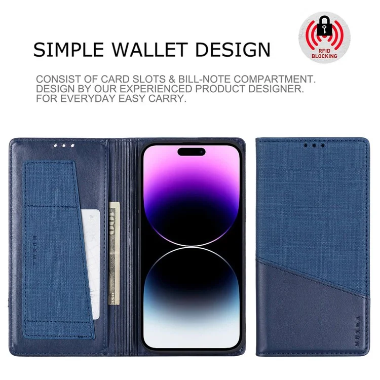 MUXMA MX109 PU Leather Phone Cover for iPhone 14 Pro, RFID Blocking Magnetic Auto-absorbed Case with Wallet Stand - Blue
