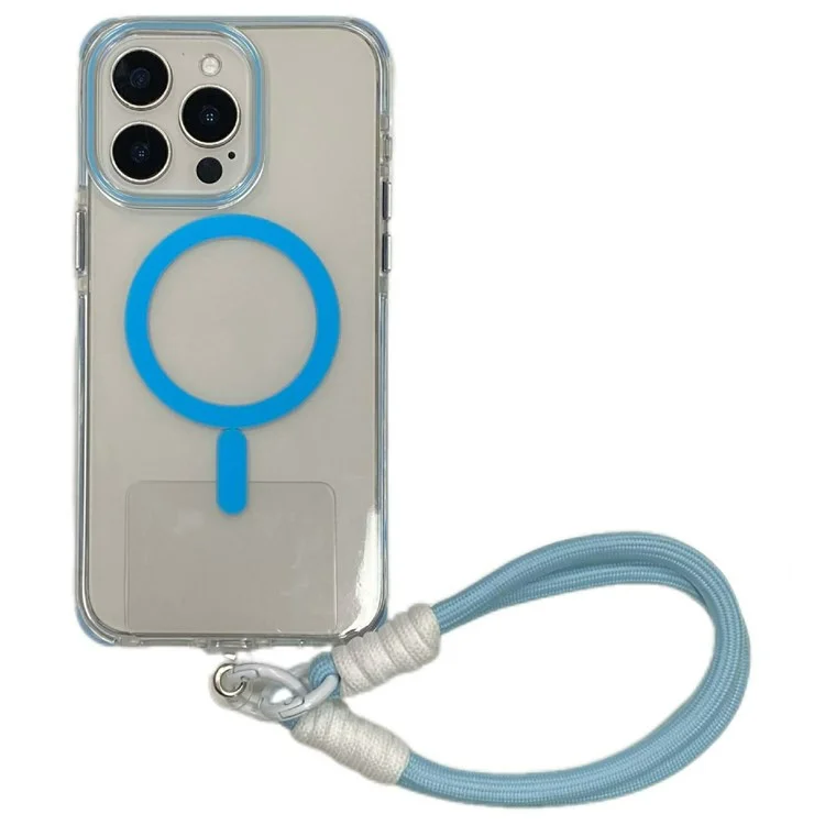 For iPhone 16 Pro Case Compatible with MagSafe PC+TPU Clear Anti-Drop Phone Cover with Wrist Strap - Sky Blue