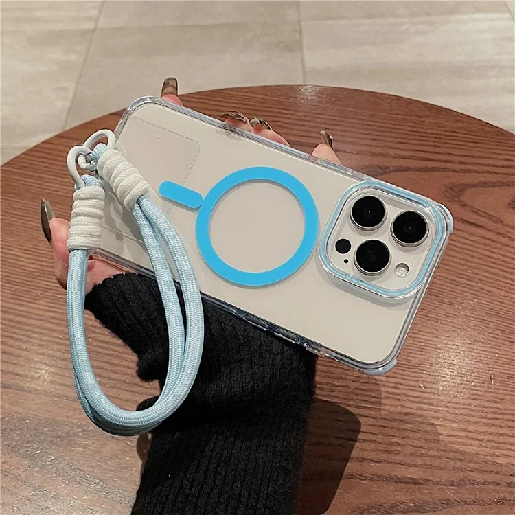 For iPhone 16 Pro Case Compatible with MagSafe PC+TPU Clear Anti-Drop Phone Cover with Wrist Strap - Sky Blue