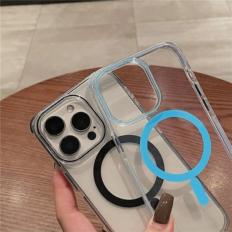 For iPhone 16 Pro Case Compatible with MagSafe PC+TPU Clear Anti-Drop Phone Cover with Wrist Strap - Sky Blue