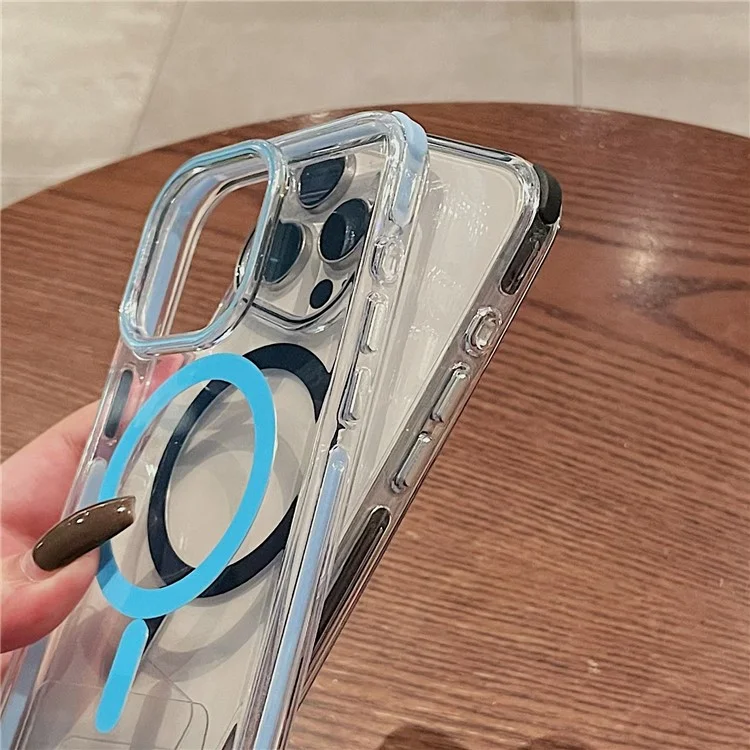 For iPhone 16 Pro Case Compatible with MagSafe PC+TPU Clear Anti-Drop Phone Cover with Wrist Strap - Sky Blue