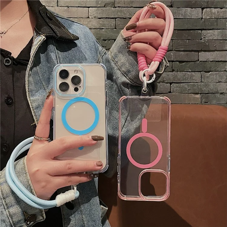 For iPhone 16 Pro Case Compatible with MagSafe PC+TPU Clear Anti-Drop Phone Cover with Wrist Strap - Sky Blue