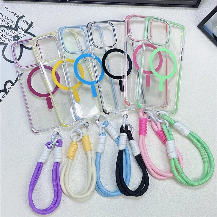 For iPhone 16 Pro Case Compatible with MagSafe PC+TPU Clear Anti-Drop Phone Cover with Wrist Strap - Sky Blue