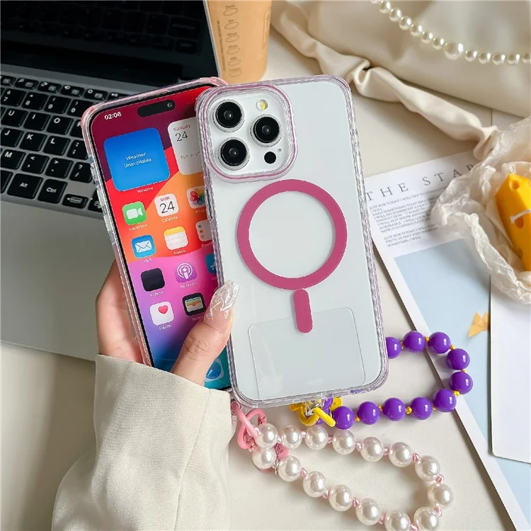 Per Iphone 16 Pro Case Compatibile Con MagSafe PC+TPU Clear Anti-Drop Cover Con Catena da Polso - Viola