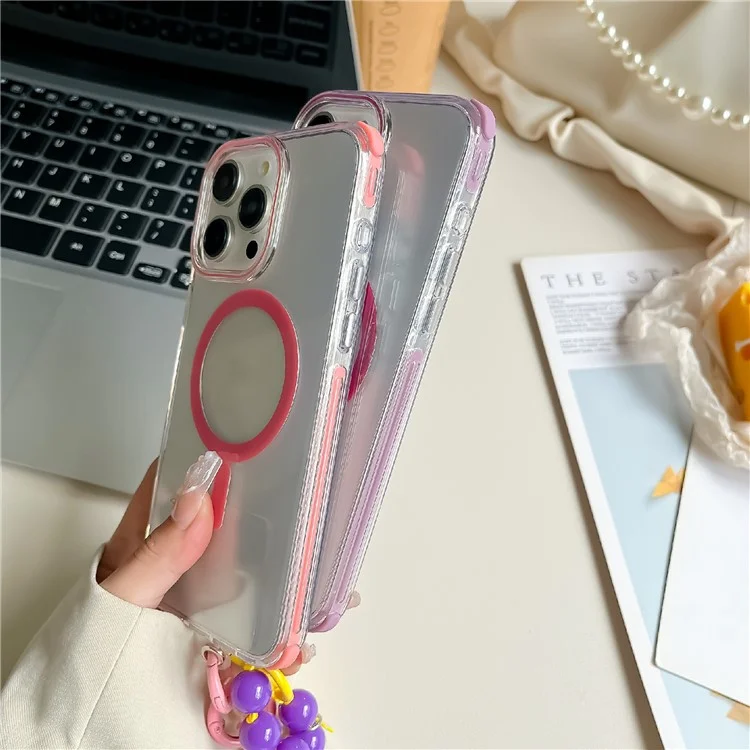 Per Iphone 16 Pro Case Compatibile Con MagSafe PC+TPU Clear Anti-Drop Cover Con Catena da Polso - Viola