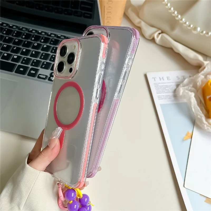 Pour L'iphone 16 Pro Max Case Compatible Avec Magsafe pc + Tpu Cadeau de Téléphone Anti-Drop Clear Avec Chaîne de Poignet - Violet