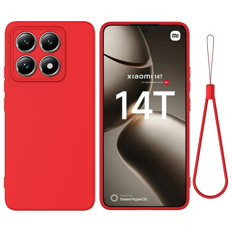 For Xiaomi 14T Case Liquid Silicone Anti-Scratch Phone Cover with Hand Strap - Red
