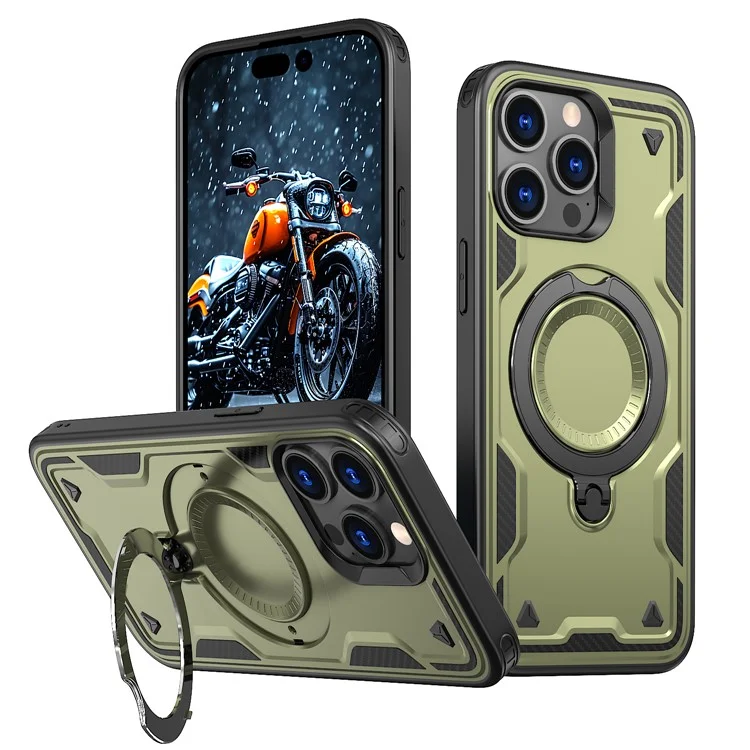 Funda para iPhone 15 Pro compatible con MagSafe Protección militar PC+TPU Soporte para teléfono - Verde oliva