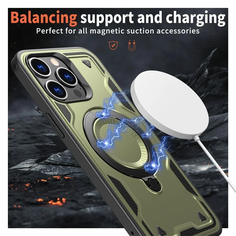 Funda para iPhone 15 Pro compatible con MagSafe Protección militar PC+TPU Soporte para teléfono - Verde oliva