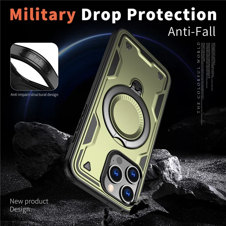 Funda para iPhone 15 Pro compatible con MagSafe Protección militar PC+TPU Soporte para teléfono - Verde oliva