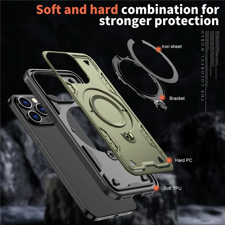 Funda para iPhone 15 Pro compatible con MagSafe Protección militar PC+TPU Soporte para teléfono - Verde oliva