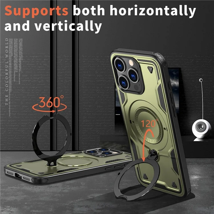 Funda para iPhone 15 Pro compatible con MagSafe Protección militar PC+TPU Soporte para teléfono - Verde oliva