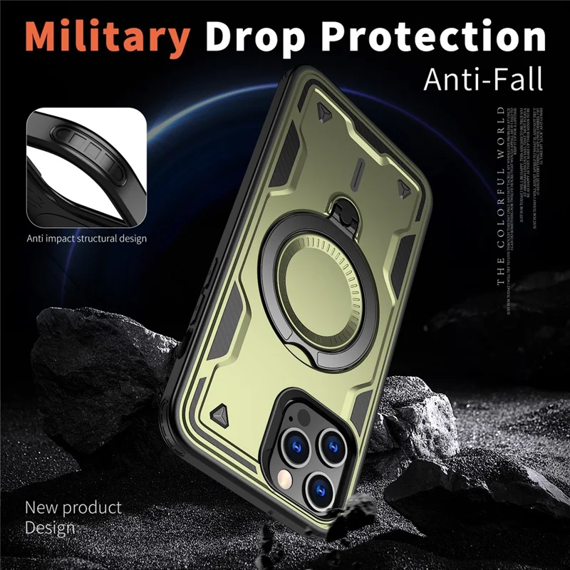 For iPhone 13 Pro Max / 12 Pro Max Case Compatible with MagSafe Military Protection PC+TPU Kickstand Phone Cover - Olive Green