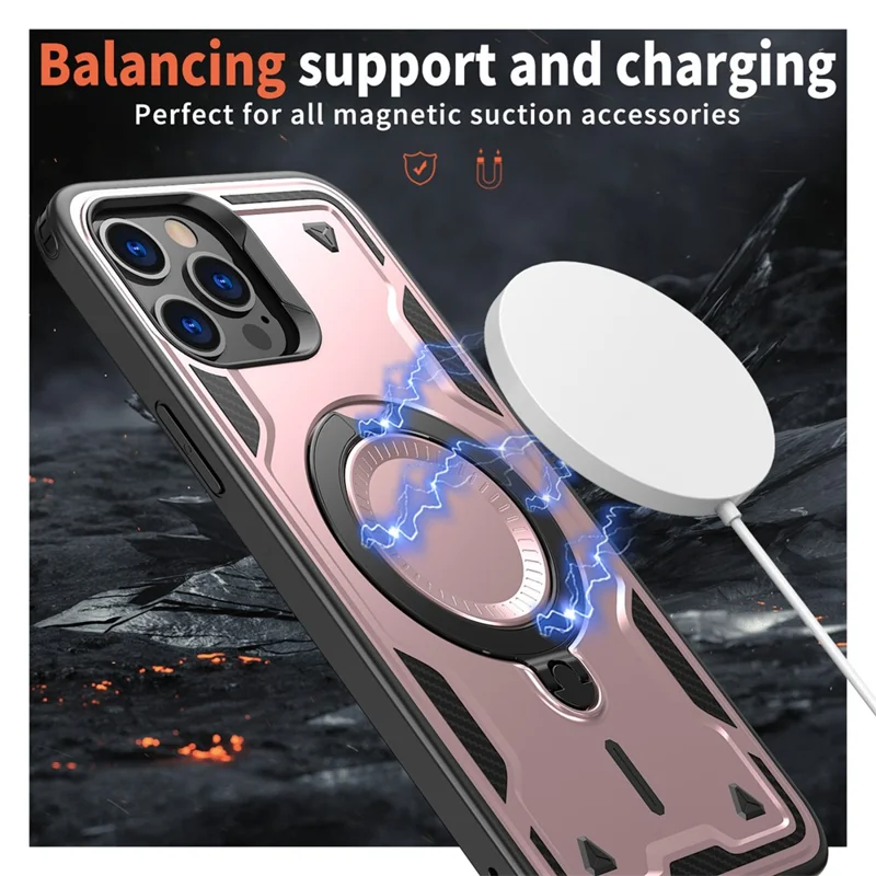 For iPhone 13 Pro Max / 12 Pro Max Case Compatible with MagSafe Military Protection PC+TPU Kickstand Phone Cover - Rose Gold