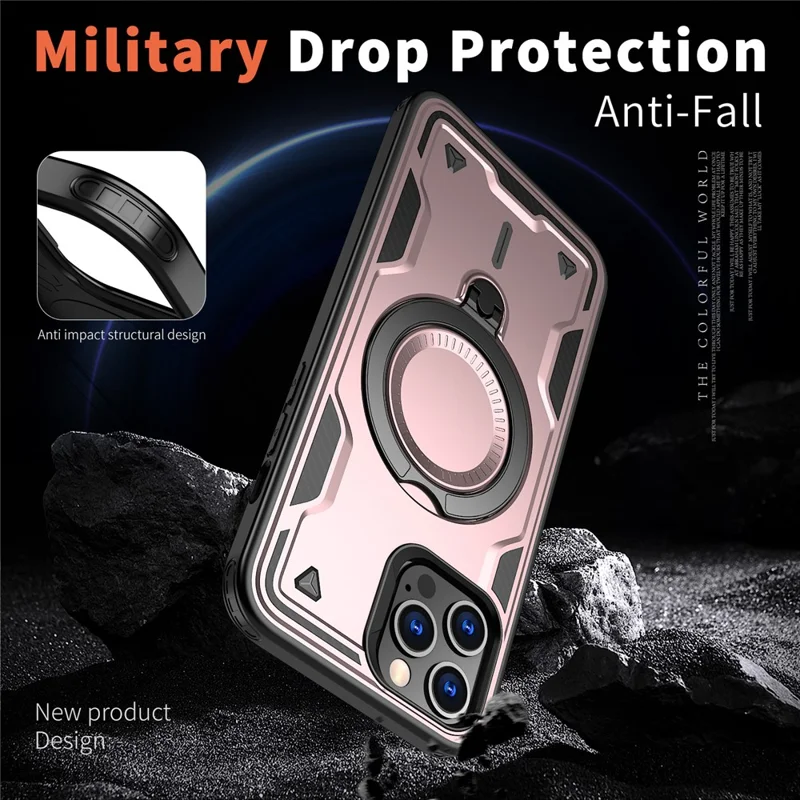 For iPhone 13 Pro Max / 12 Pro Max Case Compatible with MagSafe Military Protection PC+TPU Kickstand Phone Cover - Rose Gold