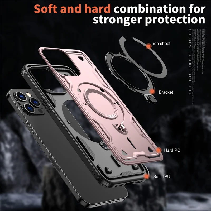 For iPhone 13 Pro Max / 12 Pro Max Case Compatible with MagSafe Military Protection PC+TPU Kickstand Phone Cover - Rose Gold