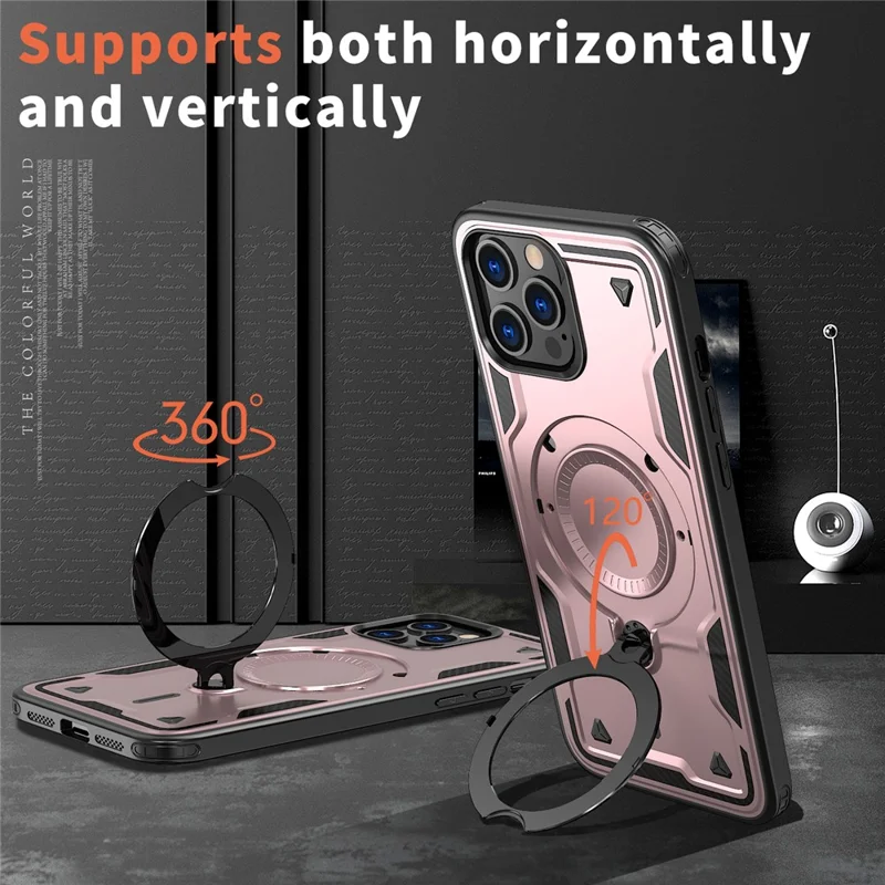 For iPhone 13 Pro Max / 12 Pro Max Case Compatible with MagSafe Military Protection PC+TPU Kickstand Phone Cover - Rose Gold