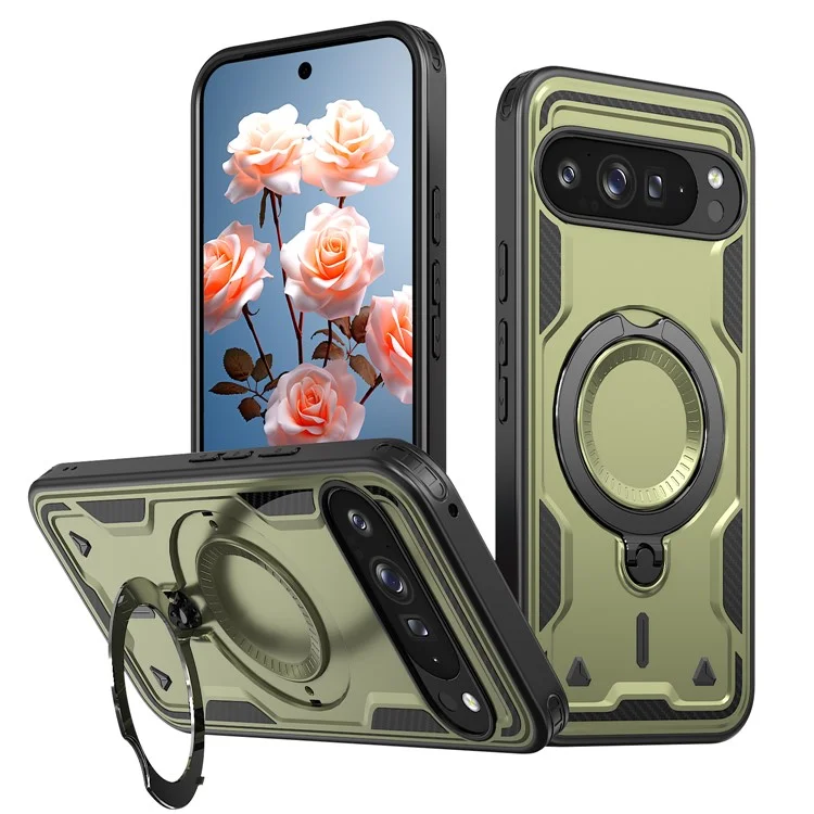 For Google Pixel 9 Pro XL Case Compatible with MagSafe Military Protection PC+TPU Kickstand Phone Cover - Olive Green