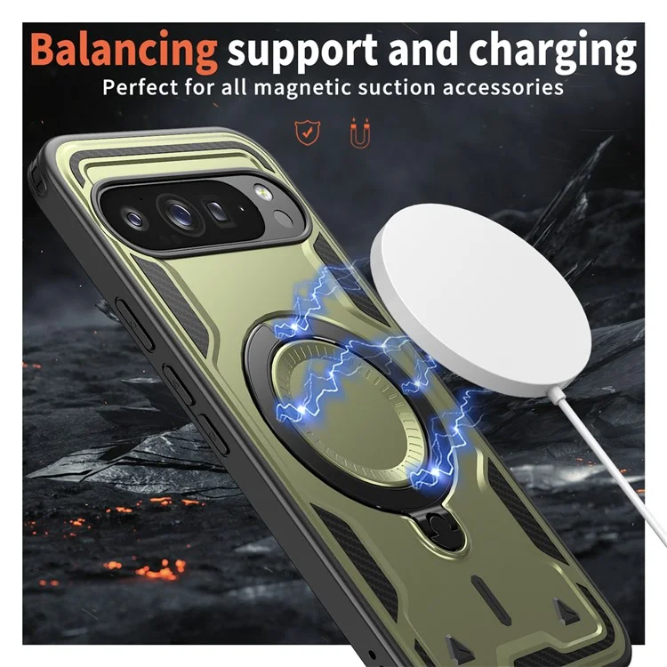 For Google Pixel 9 Pro XL Case Compatible with MagSafe Military Protection PC+TPU Kickstand Phone Cover - Olive Green