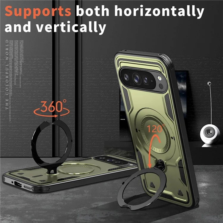 For Google Pixel 9 Pro XL Case Compatible with MagSafe Military Protection PC+TPU Kickstand Phone Cover - Olive Green