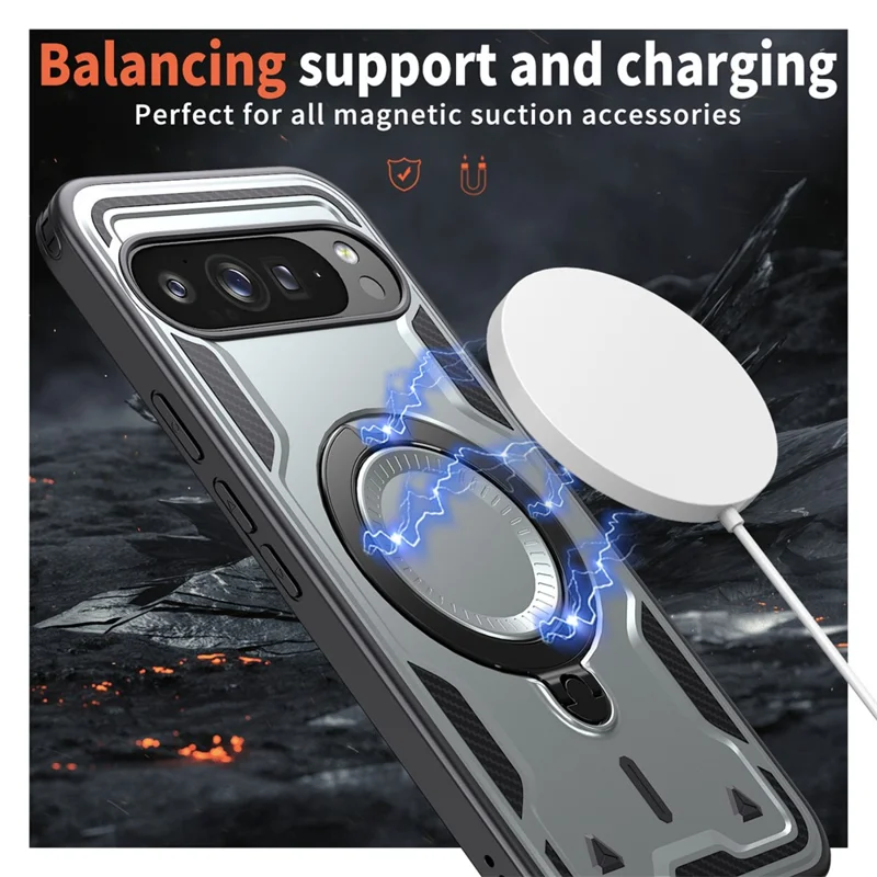 For Google Pixel 9 Pro XL Magnetic Case Military Protection PC+TPU Kickstand Phone Cover - Grey