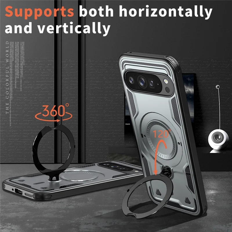 For Google Pixel 9 Pro XL Magnetic Case Military Protection PC+TPU Kickstand Phone Cover - Grey