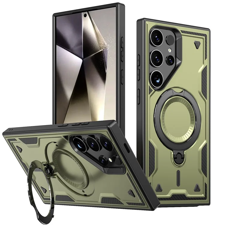 Pour Samsung Galaxy S24 Ultra Case Compatible avec MagSafe Military Protection PC+TPU Kickstand Phone Cover - Olive Green