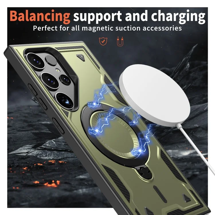 Pour Samsung Galaxy S24 Ultra Case Compatible avec MagSafe Military Protection PC+TPU Kickstand Phone Cover - Olive Green