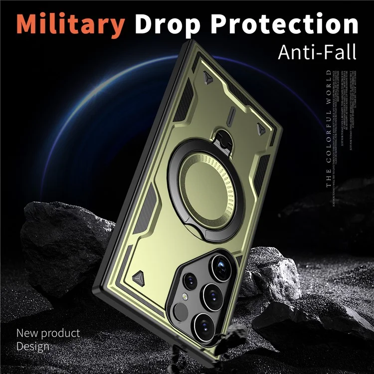 Pour Samsung Galaxy S24 Ultra Case Compatible avec MagSafe Military Protection PC+TPU Kickstand Phone Cover - Olive Green