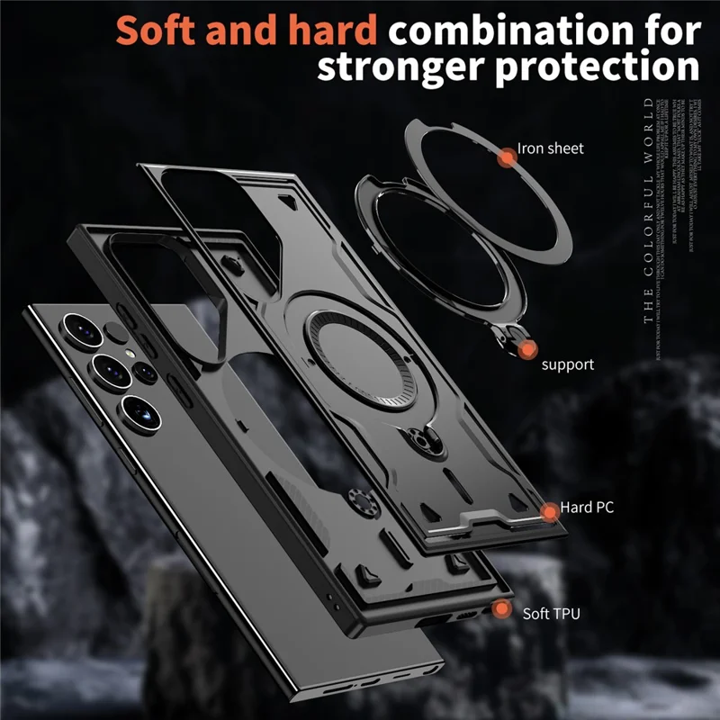 For Samsung Galaxy S24 Ultra Case Compatible with MagSafe Military Protection PC+TPU Kickstand Phone Cover - Black
