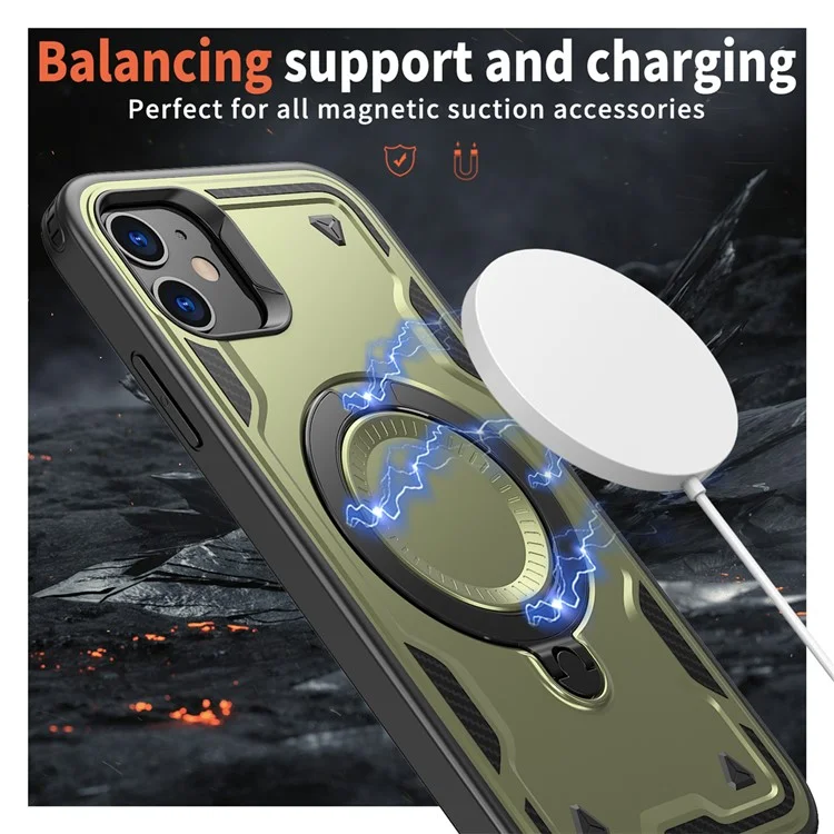 Für iPhone 11 / XR Hülle mit MagSafe-Kompatibilität, militärischer Schutz, PC+TPU-Ständer, Handyhülle - Olivgrün