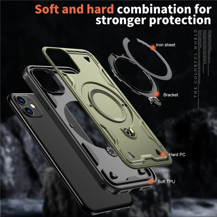 Für iPhone 11 / XR Hülle mit MagSafe-Kompatibilität, militärischer Schutz, PC+TPU-Ständer, Handyhülle - Olivgrün