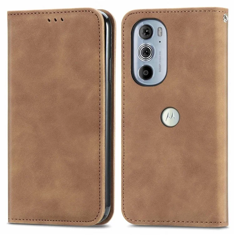 Für Motorola Edge 30 Pro (Motorola Edge+(2022)) Hauttouch Retro Leder Hülle Magnetverschluss Kartenhalter Telefonständer Cover - Braun