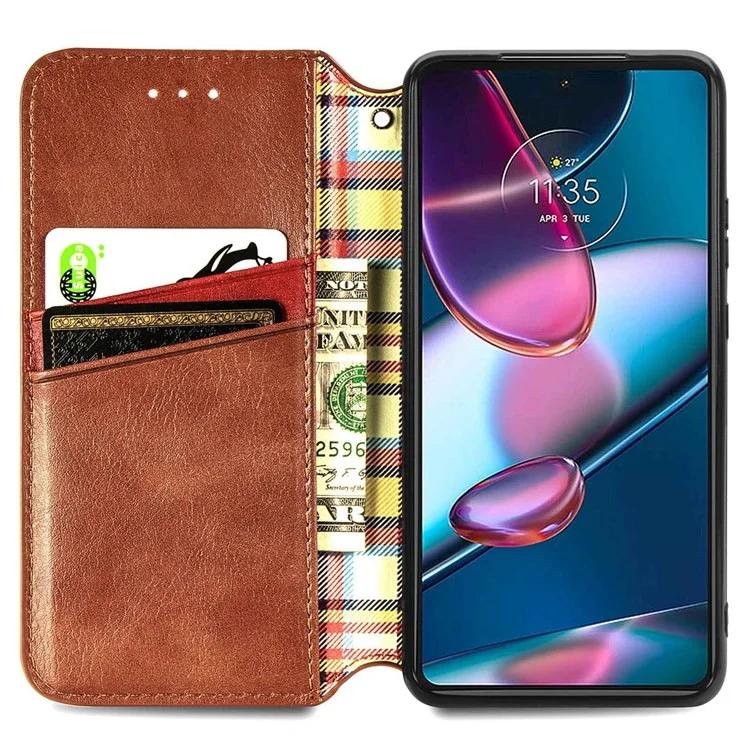 Para Motorola Edge 30 Pro (Motorola Edge+(2022)) Impresión de Rombos Case de Cuero PU Magnético Autorocsorbido de la Billetera Tape de la Billetera - Marrón