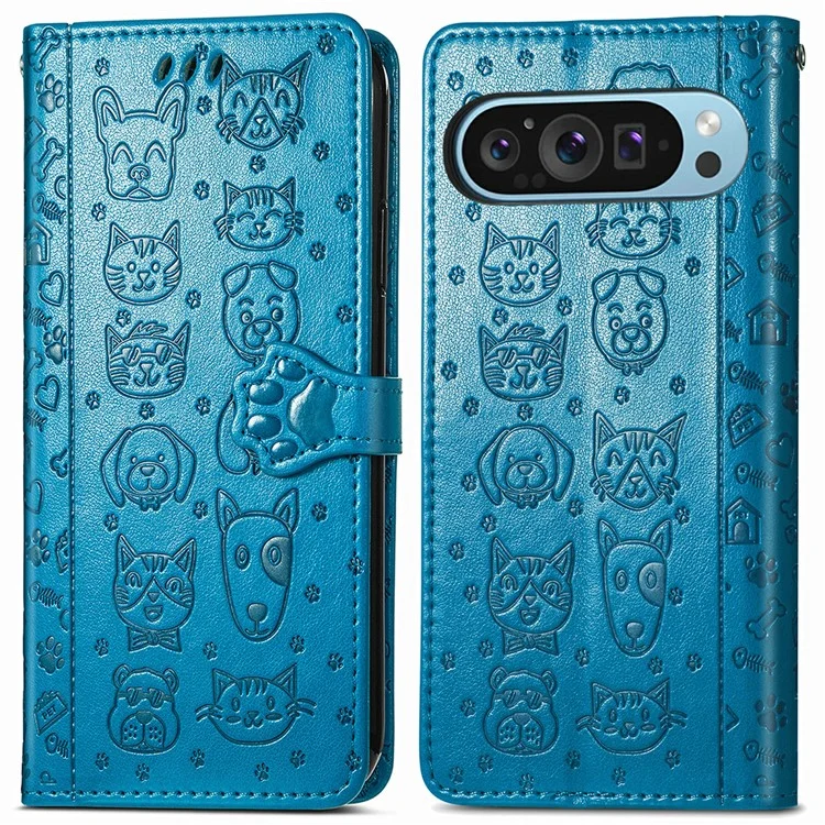 For Google Pixel 10 Pro / Pixel 10 / Pixel 9 Pro / Pixel 9 Case Leather Wallet Flip Phone Cover Cute Cat Dog Pattern - Blue