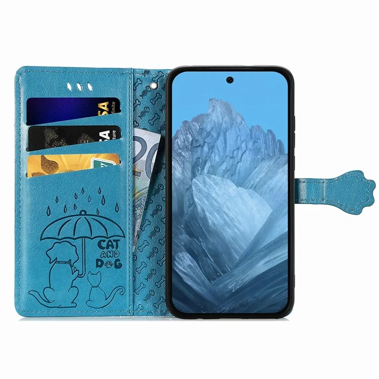 For Google Pixel 10 Pro / Pixel 10 / Pixel 9 Pro / Pixel 9 Case Leather Wallet Flip Phone Cover Cute Cat Dog Pattern - Blue